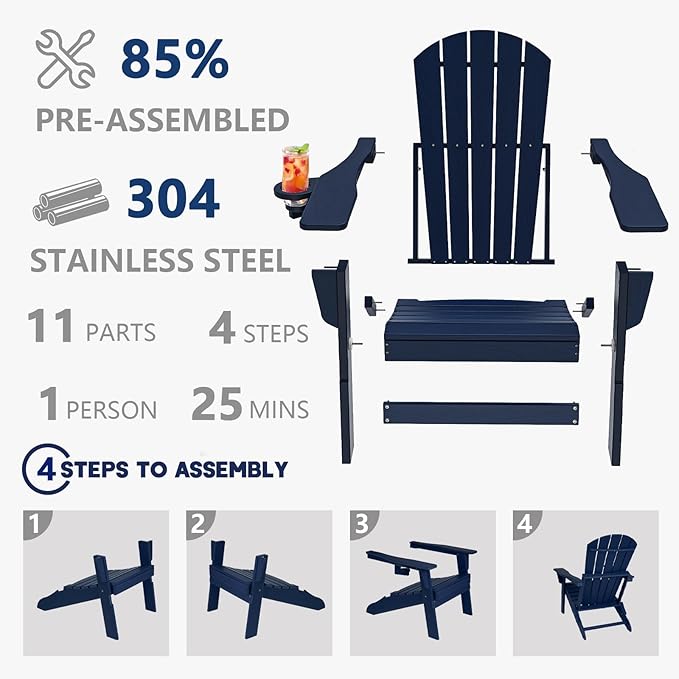 Plawdlik Folding Adirondack Chair, SGS Tested, Wooden Textured with Cup Holder, Heavy All-Weather HDPE Comfortable Set Poolside Backyard Lawn Navy Blue Set 4