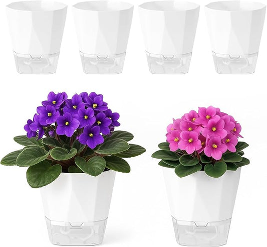 6 Pack Self Watering Pots for Indoor Plants, 5 Inches Self Watering Planters Small African Violet Self Watering Clear Pots for Plants Herb Orchid Flower Houseplant Pots, White
