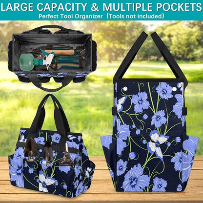 Garden Tote Bag with Pockets Flower Butterfly Gardening Bags for Tools Organizer Heavy Duty Storage Bag with Handle for Lawn Yard Casual