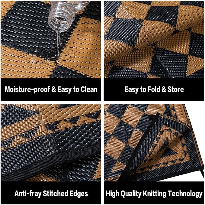 HUGEAR Outdoor Waterproof Rug 8'x10' Plastic Straw Rugs Washable Reversible Floor Mat Brown Plaid Carpet for Camping RV Deck Entryance Porch Picnic Balcony Beach Backyard