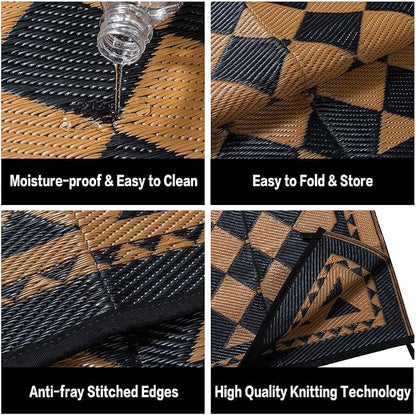 HUGEAR Outdoor Waterproof Rug 8'x10' Plastic Straw Rugs Washable Reversible Floor Mat Brown Plaid Carpet for Camping RV Deck Entryance Porch Picnic Balcony Beach Backyard