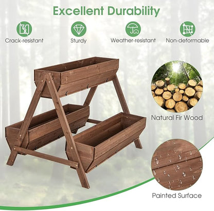 Giantex Vertical Raised Garden Bed, 3 Large Wood Planter Boxes for Flower Vegetable Fruit Herb, Freestanding Planter with Drain Holes, Elevated Raised Beds for Indoor Outdoor Lawn Patio Yard, Brown