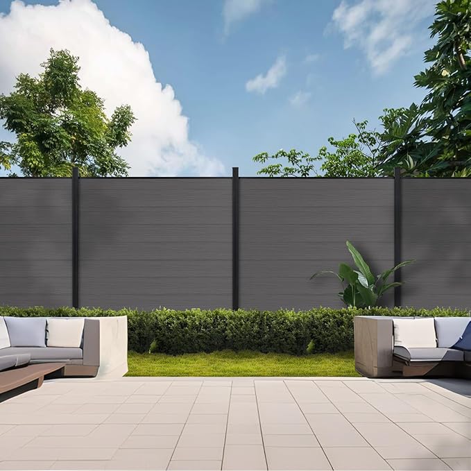 Mondaria Privacy Fence for Outside, 6Ft(W) Outdoor Privacy Panels with 7.6Ft In-ground Post, Wood Plastic Composite Fencing for Patio, Backyard, Garden and Swimming Pool (Silver Gray with 2 Posts)