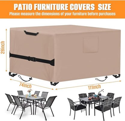 Kovshuiwe Rectangular Patio Heavy Duty Table Cover -Garden Furniture Covers for Shade and Rain, 600D Oxford Cloth Waterproof Outdoor Dining Table and Chairs Furniture 111" L x 74" W x28 H,Khaki