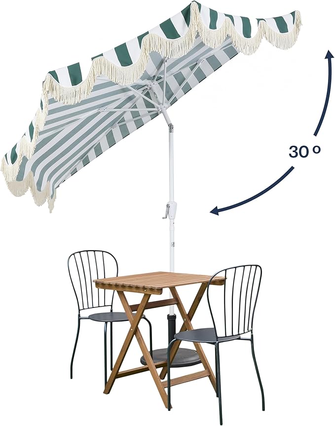 JONATHAN Y Half Umbrella UMB1201L Beverly 9 ft. Designer Classic Scalloped Fringe Market Patio with Crank, Tilt Button and UV Protection in Green/White, White Pole