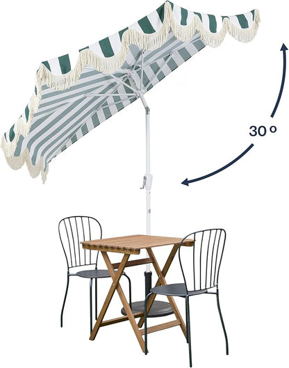 JONATHAN Y Half Umbrella UMB1201L Beverly 9 ft. Designer Classic Scalloped Fringe Market Patio with Crank, Tilt Button and UV Protection in Green/White, White Pole