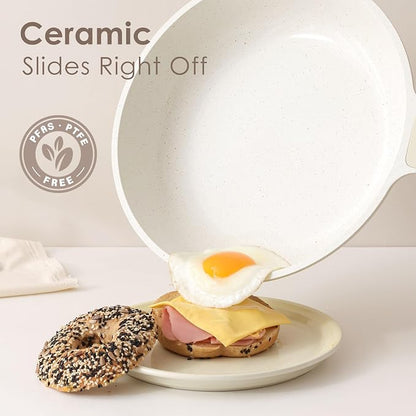 SENSARTE Ceramic Frying Pan Nonstick 9.5-Inch, Healthy Non Toxic Skillet, Induction Compatible Omelet Pan with Heat Resistant Handle, PFAS-Free, Cream White