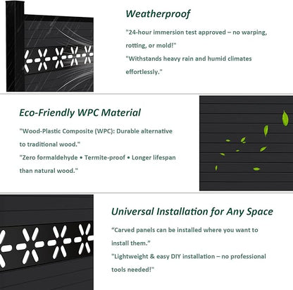 6 Feet×6 Feet Privacy Fence, Outdoor Wood Plastic Composite Fence Panel, Waterproof Security Barriers Fencing, WPC (Black, Floral (1 Panel - 2 Post))