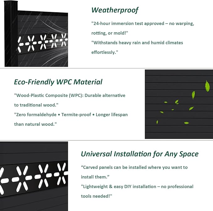 6 Feet×6 Feet Privacy Fence, Outdoor Wood Plastic Composite Fence Panel, Waterproof Security Barriers Fencing, WPC (Black, Floral (1 Panel - 1 Post))