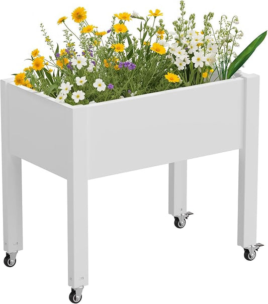 Raised Garden Bed with Wheels - Outdoor Mobile Elevated Resin Planter Box with Drainage Holes for Vegetables Flower Herbs (1 Pack, White)