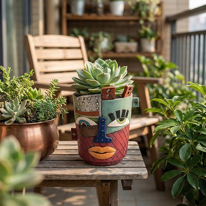 Colorful Face Planters Pots Head with Drainage Resin Large Decorative Plant Pots, Unique Planters for Indoor Plants and Outdoor Patio Flower Pot Funny Garden Succulents Pot