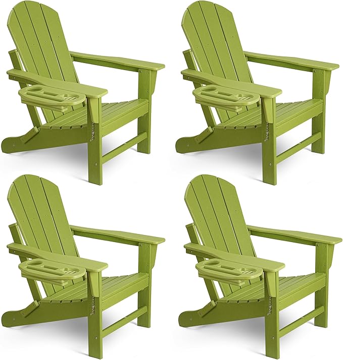 Adirondack Chair Set of 4, HDPE Folding Adirondack Chair with Multifunctional Cup Holder, Weather Resistant Fire Pit Chair for porches, patios, poolsides, Decks.
