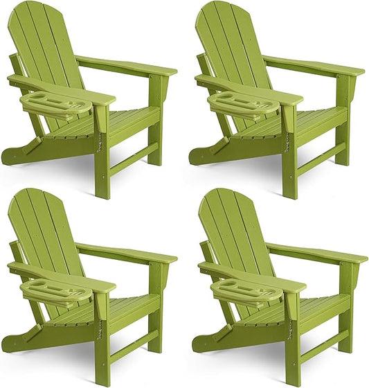 Adirondack Chair Set of 4, HDPE Folding Adirondack Chair with Multifunctional Cup Holder, Weather Resistant Fire Pit Chair for porches, patios, poolsides, Decks.