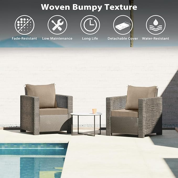 Sundale Outdoor Olefin Deep Seat Cushion Set of 2, Patio Chair Cushion and Pillow, Water-Resistant Sectional Sofa Pad with Straps Khaki, 23 x 26 x 4 Inches