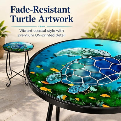 2-Pack 15 Inch Tall Mosaic Patio Side Tables Style, Metal Folding Turtle Table Set, Shatterproof Outdoor Patio Table for Porch Deck, Rust Resistant Small Garden Table (Set of 2)