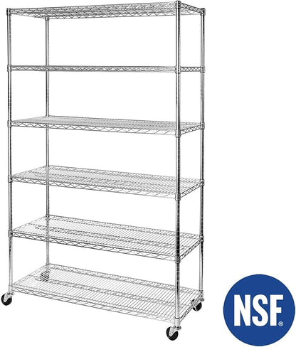 Seville Classics UltraDurable Heavy Duty NSF Solid Steel Wire Rack Storage Unit Wheels, 6-Tier Shelving, 48" W x 18" D
