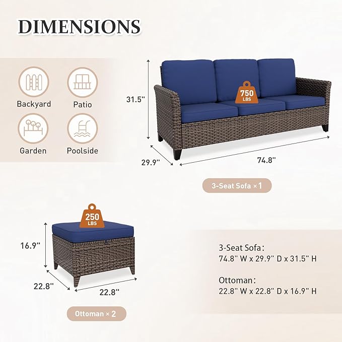 Canyon Ridge Wicker Patio Sofa with 2 Ottomans, Small Balcony Furniture, Outdoor Furniture Set, 3 Seat Couch, Brown/Blue