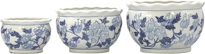 Galt International Blue & White Round Floral Porcelain Ceramic Plant Flower Planter Pot Set of 3 (8", 10", 12") Garden Pots Chinese Asian Design