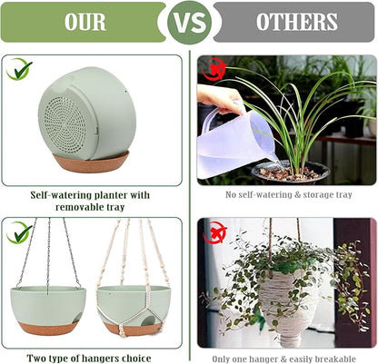 Hanging Planters for Outdoor Indoor Plants, 2 Pack 12 Inch Hanging Basket Plants Outdoor, Self Watering Hanging Planter with Plant Hanger for Garden Home Decoration (2 Type Plant Hangers Green)