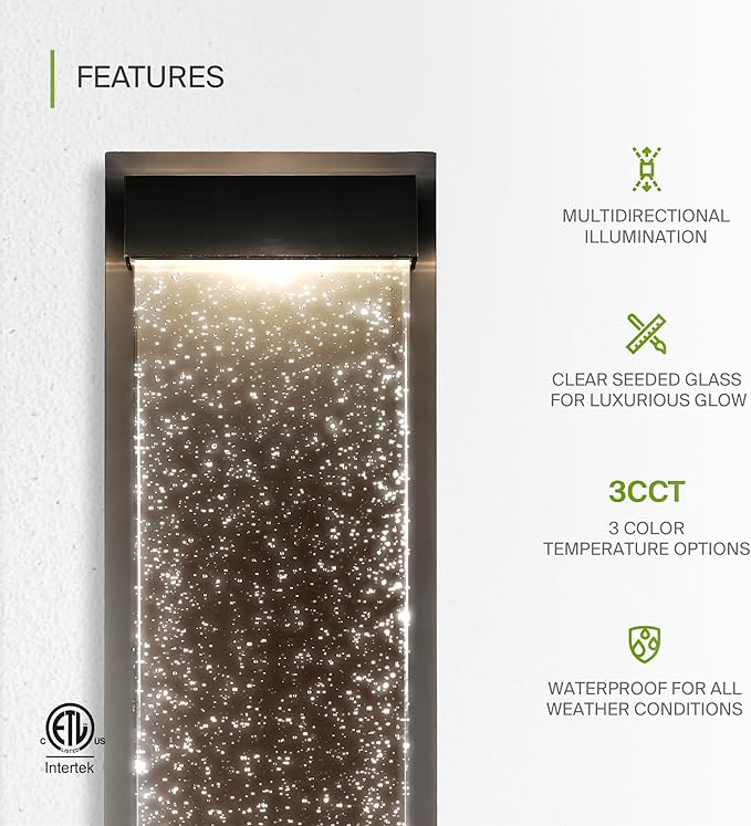 ASD LED 18" Bubble Glass Wall Light Fixture, Outdoor & Indoor Seeded Sconce | 3CCT, Waterproof, Dimmable, Up-Down Glow, ETL Listed | 22W 520LM 3000-5000K 100-277V | Exterior Porch Lighting | Black
