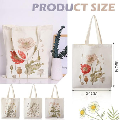 4 Pieces Floral Canvas Tote Bag for Women Book Club Gifts Cute Aesthetic Canvas Bags Bulk Flower Reusable Grocery Shopping Bag Aesthetic for Women