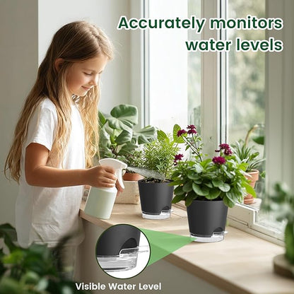 6 inch Self Watering Pots for Indoor Outdoor Plants, 6 Pack Flower Plant Pots with Drainage Holes and Clear Reservoirs, Visible Water Level, Plastic Planters with Wicking Rope, Black