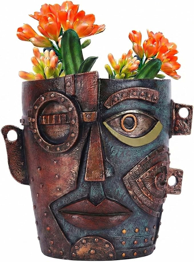 Abstract Face Planter Pot, Hand-Painted Resin Flower Pot with Top Opening for Planting, Decorative Planter for Indoor Plants, Art Accent Flowerpot Decor