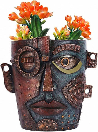 Abstract Face Planter Pot, Hand-Painted Resin Flower Pot with Top Opening for Planting, Decorative Planter for Indoor Plants, Art Accent Flowerpot Decor