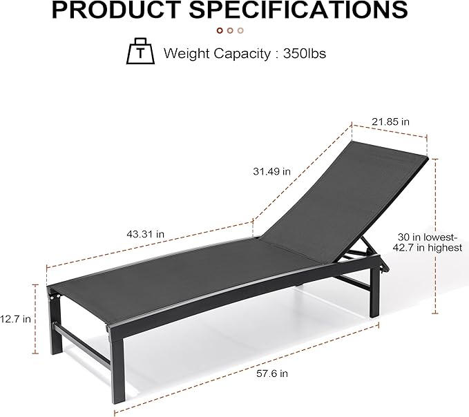 Crestlive Products 2PCS Chaise Lounge Chair Outdoor with 1PC Side Table, Adjustable 5 Positions Pool Tanning Recliner, Outdoor Lounge Furniture Perfect for Patio, Beach, Yard, Pool