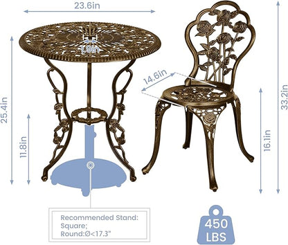 3 Piece Patio Bistro Table Set, Outdoor Stylish Rose Flower Bistro Set with Umbrella Hole, Small Cast Aluminum Table and Chairs Set for Balcony Furniture, Dark Bronze