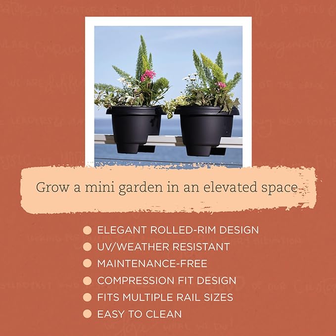 Bloem 12" Black Resin Deck Rail Round Planter, 9" H, 12" L, 12" W, Fits Rail Sizes Between 3.25" - 3.75" Wide