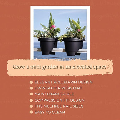 Bloem 12" Black Resin Deck Rail Round Planter, 9" H, 12" L, 12" W, Fits Rail Sizes Between 3.25" - 3.75" Wide