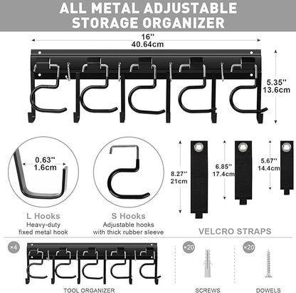 LEYU Metal Garage Tool Organizer Wall Mount, 4 Pack Garden Tool Organizer With Extension Cord Straps, Garage Organization Hooks and Hangers for Shed, Yard Storage, Wall Holder for Hanging Broom Mop