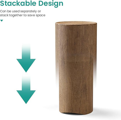 SUNBURY Concrete Side Table Set of 2, Outdoor Side Table Nesting for Patio, Outdoor Accent Table Patio End Table in Woodgrain, Ceramic for Balcony, Courtyard, Round, Light Brown