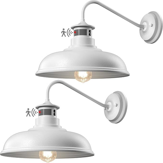 Set of 2 Gooseneck Outdoor Wall Lights Fixtures,Dusk to Dawn Motion Sensor Sconce Farmhouse Barn Lamp for Patio,3 Modes Dimmable Exterior Porch Light Wall Mount Lighting White with Rotary Dial Control