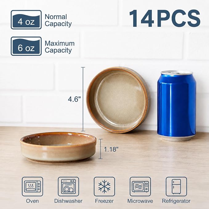 ONEMORE Creme Brulee Ramekins 4 oz Ceramic Ramekin Set of 14, Oven Safe Baking Dishes, Small Sauce Cups for Custard, Souffle, Dessert, Dip, Kitchen Prep, Stackable Glazed Bakeware