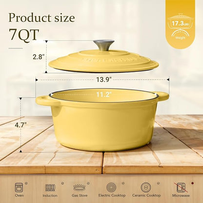 Overmont Enameled Cast Iron Dutch Oven - 7QT Pot with Lid Cookbook & Cotton Potholders - Heavy-Duty Cookware for Braising, Stews, Roasting, Bread Baking GooseYellow