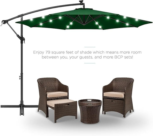 Best Choice Products 10ft Solar LED Offset Hanging Market Patio Umbrella for Backyard, Poolside, Lawn and Garden w/Easy Tilt Adjustment, Polyester Shade, 8 Ribs - Green