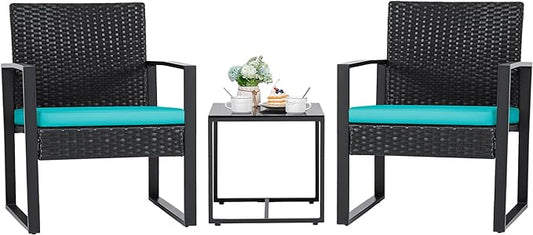 Flamaker Patio Set Outdoor Wicker Furniture, Modern Bistro Set with Rattan Chair and Coffee Table for Yard (Blue)