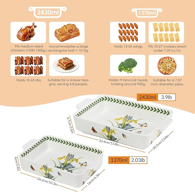ACMLIFE Ceramic Casserole Dish Set, Ceramic Baking Dish for Oven, Casserole Dish Bakeware Set, Casserole Dishes for Oven, Lasagna Pan, Large Baking Dishes with Handles, Microwave, Dishwasher Safe, Gift Packaging Floral 2 Pcs Set(13"x8"+10.3"x6.3") (Iris)
