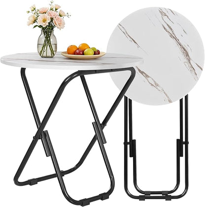 VECELO Patio Outdoor Side Table,17.7 inch Small Folding Table Round Waterproof Wood Table, Foldable Anti-Rust Metal Legs Snack Desk for Garden Balcony,Yard,Living Room