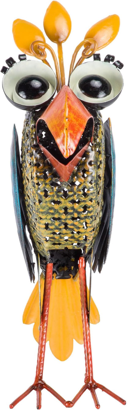 Alpine Corporation 12" Tall Outdoor Metal Wide-Eyed Bird Standing Yard Statue Decoration, Multicolor