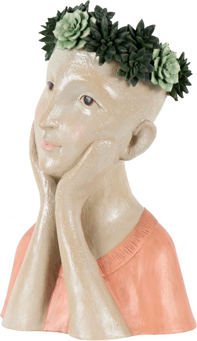 Deco 79 Resin Woman Indoor Outdoor Planter Bust Large Planter Pot with Succulent Crown and Orange Top, Planter 10" x 8" x 17", Beige