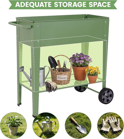 Tall Raised Garden Bed Outdoor with Wheels, Metal Elevated Raised Planter Box with Drainage Holes for Vegetables, Flower, Herbs(Green)