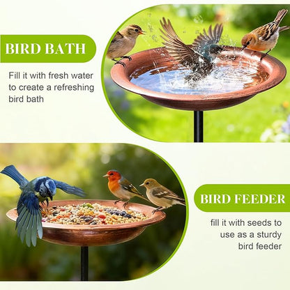Outdoor Metal Bird Bath Garden Stake–33.5" Tall Vintage Bronze Birdbath with 11.5" Copper Bowl–Decorative Hummingbird & Flower Freestanding Feeder for Yard, Patio,Lawn & Garden Art Gift