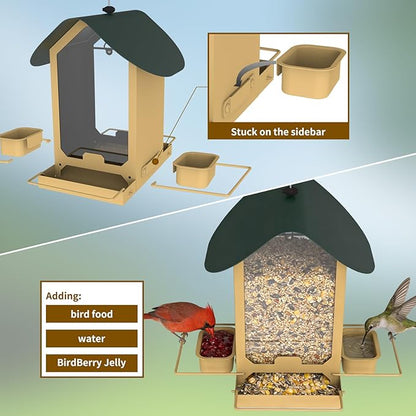 FlowaFoli Metal Bird Feeders for Outdoors | Both Sides Removable Feeding Troughs for Easy Cleaning | 360 Degree Perch | Perfect for Attracting Wild Birds