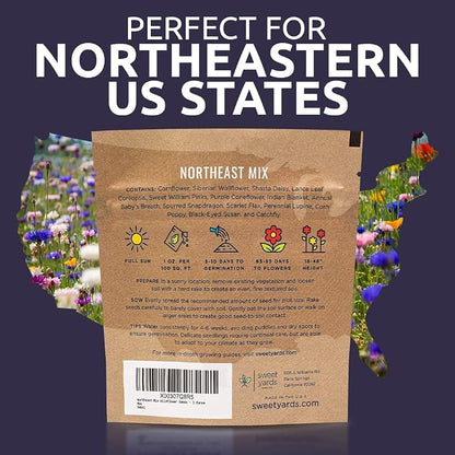 Northeast Wildflower Seeds - Extra Large 1 Ounce Packet - Over 7,500 Native Seeds - Open Pollinated and Non GMO Varieties for New York, Virginia, Pennsylvania, Maine and More!