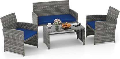 Tangkula 4 Piece Patio Wicker Furniture Set, Outdoor Heavy Duty Rattan Cushioned Chairs, Loveseat and Tempered Glass Coffee Table, for Backyard, Balcony, Poolside (Navy)