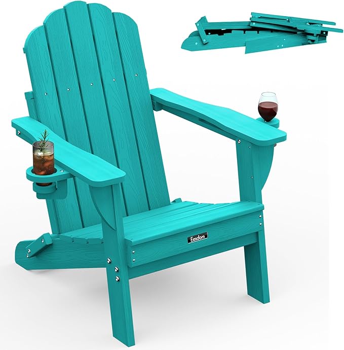 Folding Adirondack Chair,All-Weather HDPE Fire Pit Chair with 2 Cup Holders, Plastic Outdoor Chair for Patio Deck Garden Lawn, Lakeblue