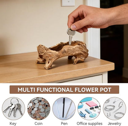 Artificial Driftwood Planter, Resin Tree Root Stump Succulent Pot with Drainage Hole, Vintage Log Shape Container for Cactus Herbs, Rustic Home Garden Decoration (14.6 Inch)